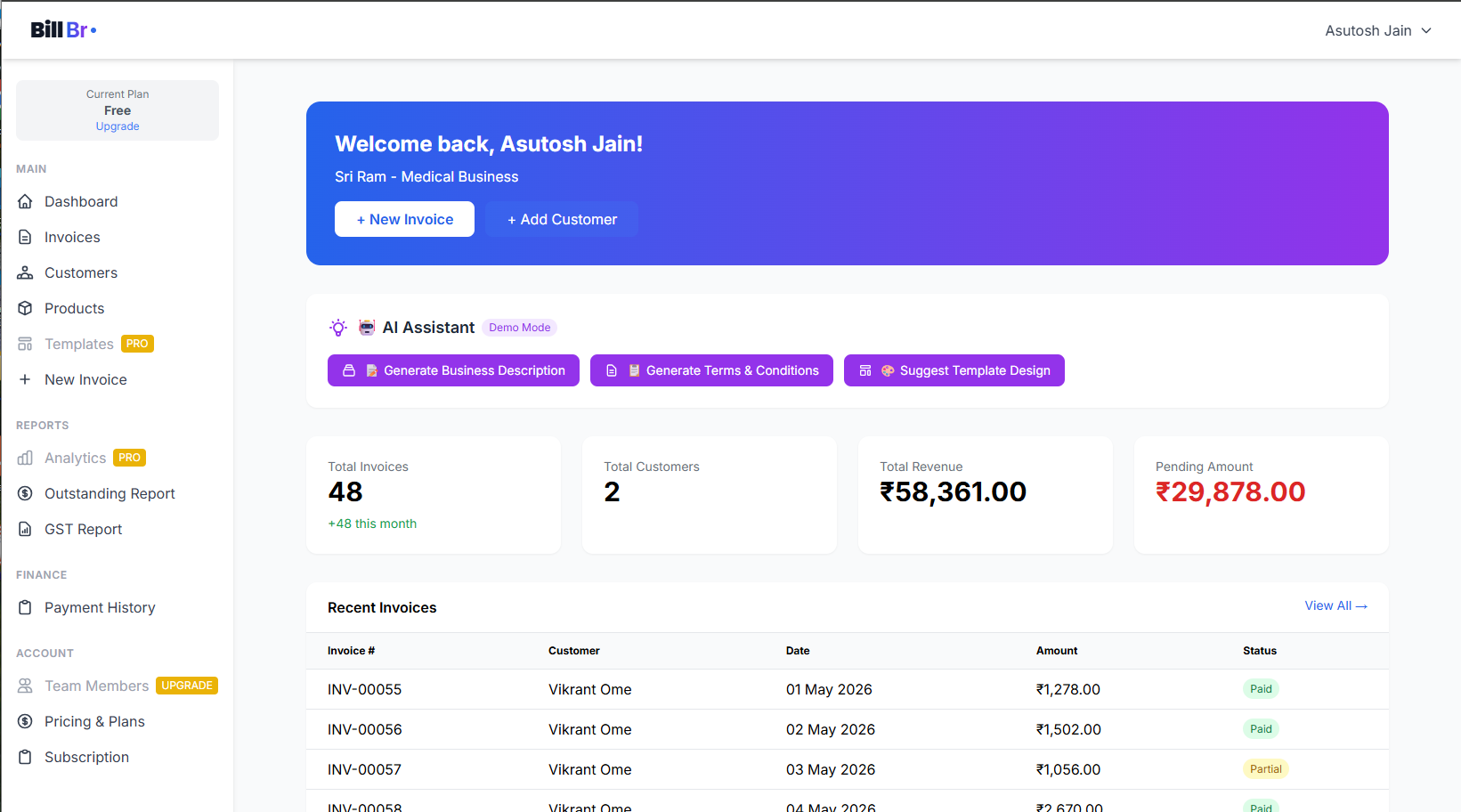 BillCraft Invoice Builder Dashboard Preview